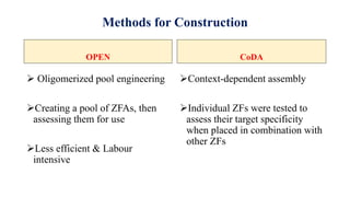 Methods for Construction
OPEN
 Oligomerized pool engineering
Creating a pool of ZFAs, then
assessing them for use
Less efficient & Labour
intensive
CoDA
Context-dependent assembly
Individual ZFs were tested to
assess their target specificity
when placed in combination with
other ZFs
 