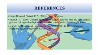REFERENCES
Dunn, D. A and Pinkert, C. A. (2014). Gene Targeting
Khan, S. H. (2019). Genome editing technologies: concept, pros and cons various
genome editing technologies and bioethical concerns for clinical applications
Jennifer A. Doudna and Emmanuelle Charpentier (2014). The newfrontier
ofgenome engineering with CRISPR-Cas9
 