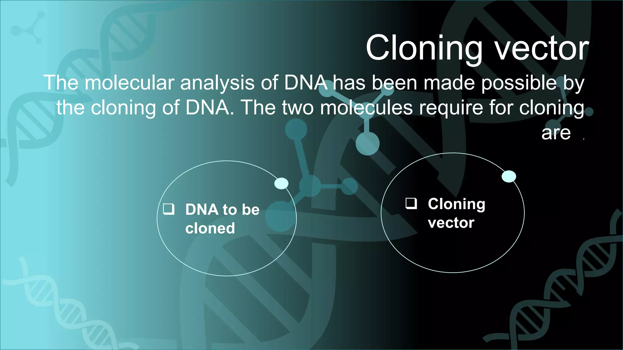 Cloning vector
The molecular analysis of DNA has been made possible by
the cloning of DNA. The two molecules require for cloning
are .
 DNA to be
cloned
 Cloning
vector
 
