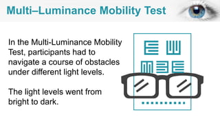 Multi–Luminance Mobility Test
In the Multi-Luminance Mobility
Test, participants had to
navigate a course of obstacles
under different light levels.
The light levels went from
bright to dark.
 