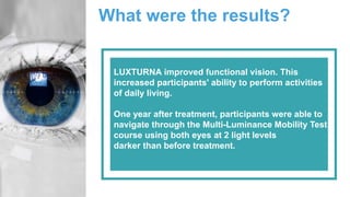 What were the results?
LUXTURNA improved functional vision. This
increased participants' ability to perform activities
of daily living.
One year after treatment, participants were able to
navigate through the Multi-Luminance Mobility Test
course using both eyes at 2 light levels
darker than before treatment.
 