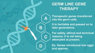 GERM LINE GENE
THERAPY
Therapeutic genes transferred
into the germ cells.
It is heritable and passed on to
later generations.
For safety, ethical and technical
reasons, it is not being
attempted at present.
Ex. Genes introduced into eggs
and sperms.
A
B
C
D
 