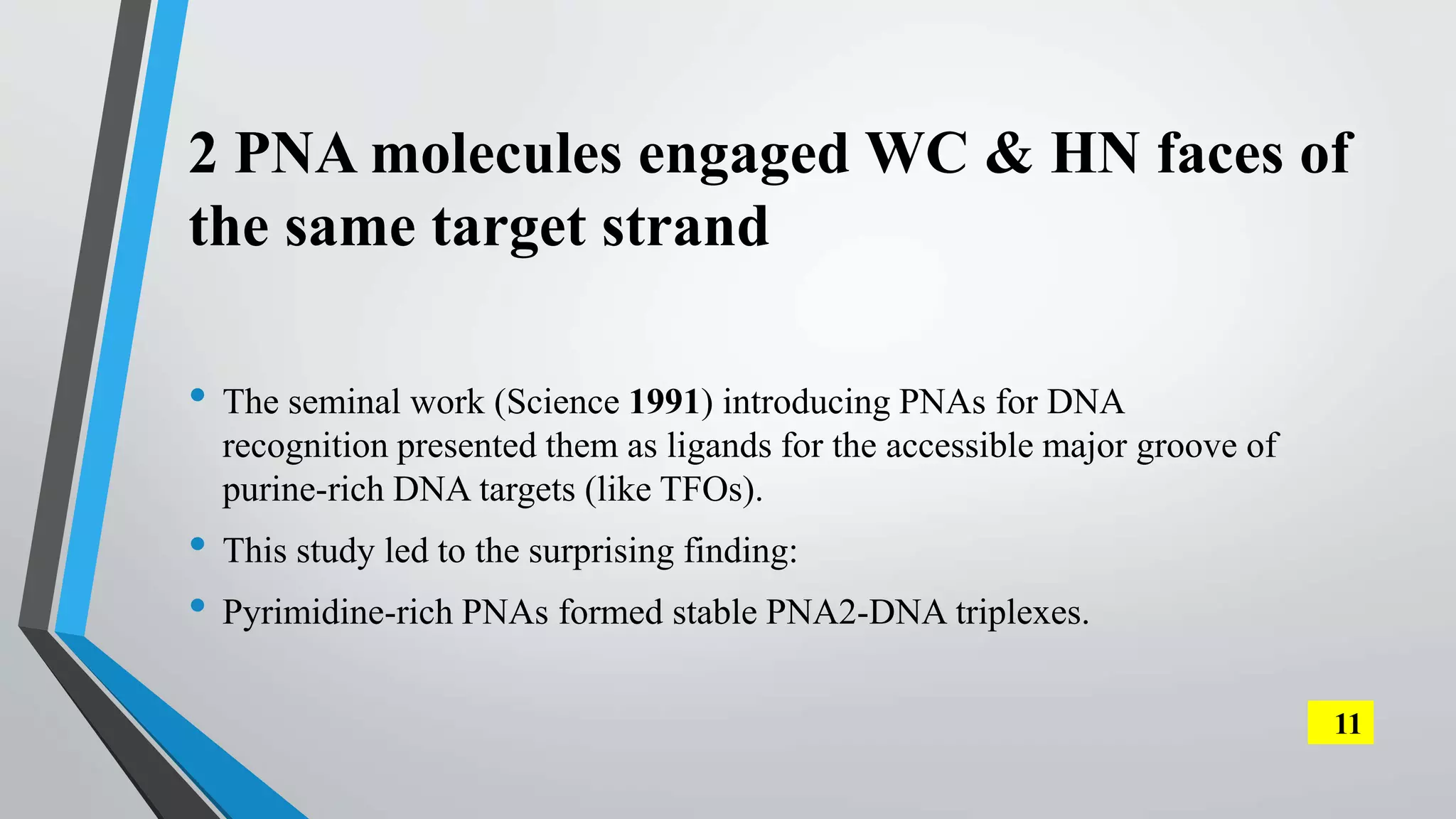 2 PNA molecules engaged WC & HN faces of
the same target strand
• The seminal work (Science 1991) introducing PNAs for DNA
recognition presented them as ligands for the accessible major groove of
purine-rich DNA targets (like TFOs).
• This study led to the surprising finding:
• Pyrimidine-rich PNAs formed stable PNA2-DNA triplexes.
11
 