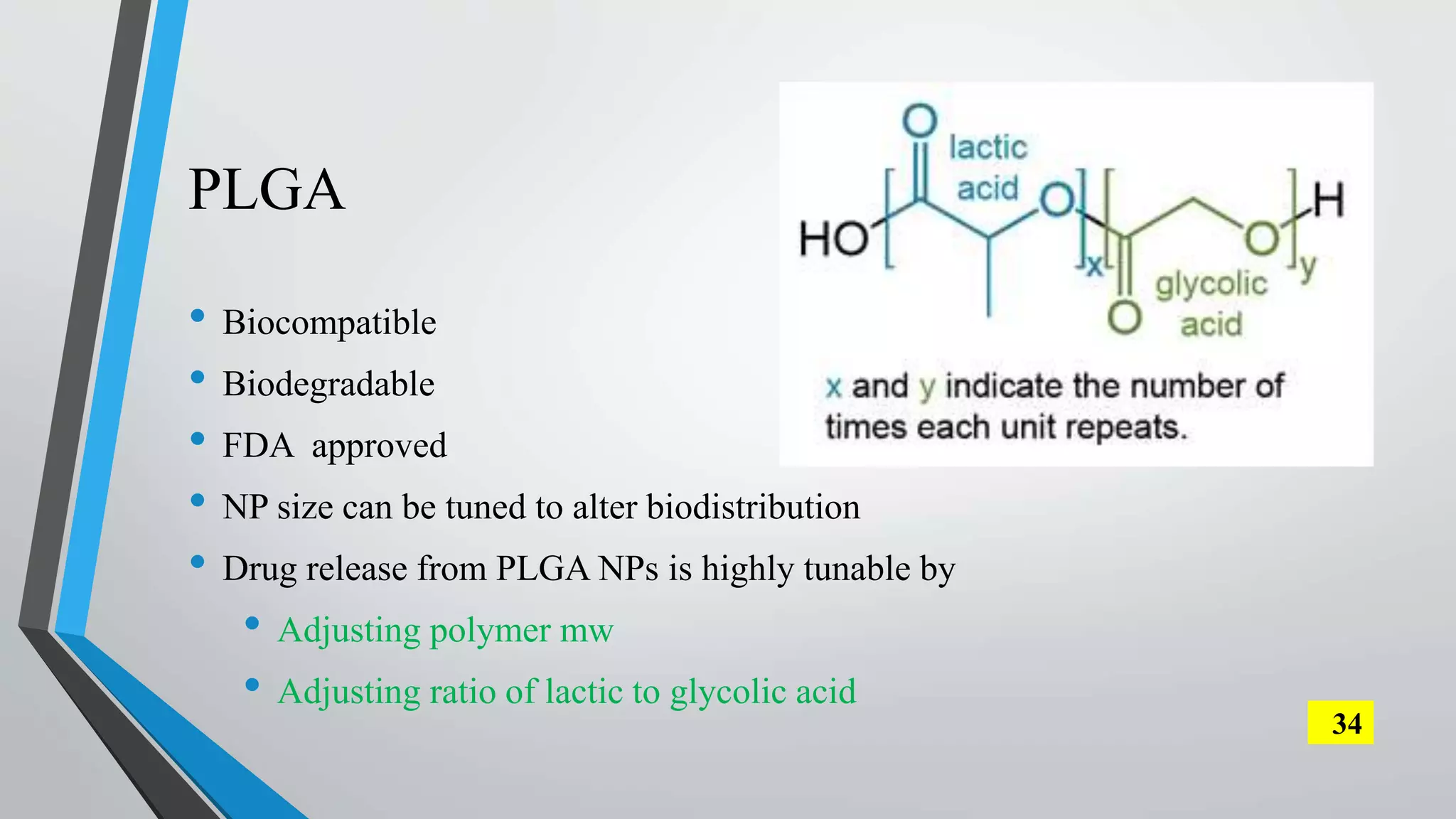 PLGA
• Biocompatible
• Biodegradable
• FDA approved
• NP size can be tuned to alter biodistribution
• Drug release from PLGA NPs is highly tunable by
• Adjusting polymer mw
• Adjusting ratio of lactic to glycolic acid
34
 