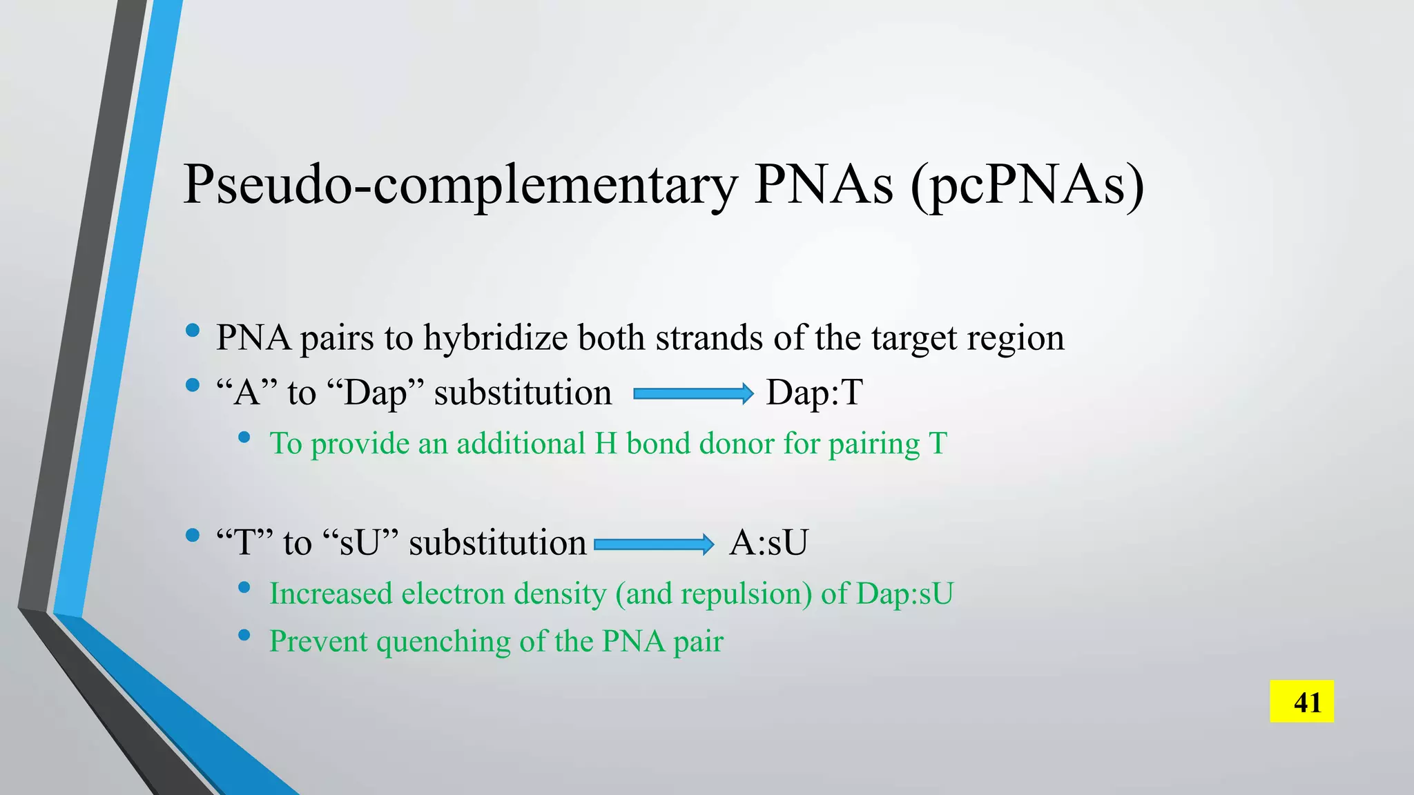 Pseudo-complementary PNAs (pcPNAs)
• PNA pairs to hybridize both strands of the target region
• “A” to “Dap” substitution Dap:T
• To provide an additional H bond donor for pairing T
• “T” to “sU” substitution A:sU
• Increased electron density (and repulsion) of Dap:sU
• Prevent quenching of the PNA pair
41
 