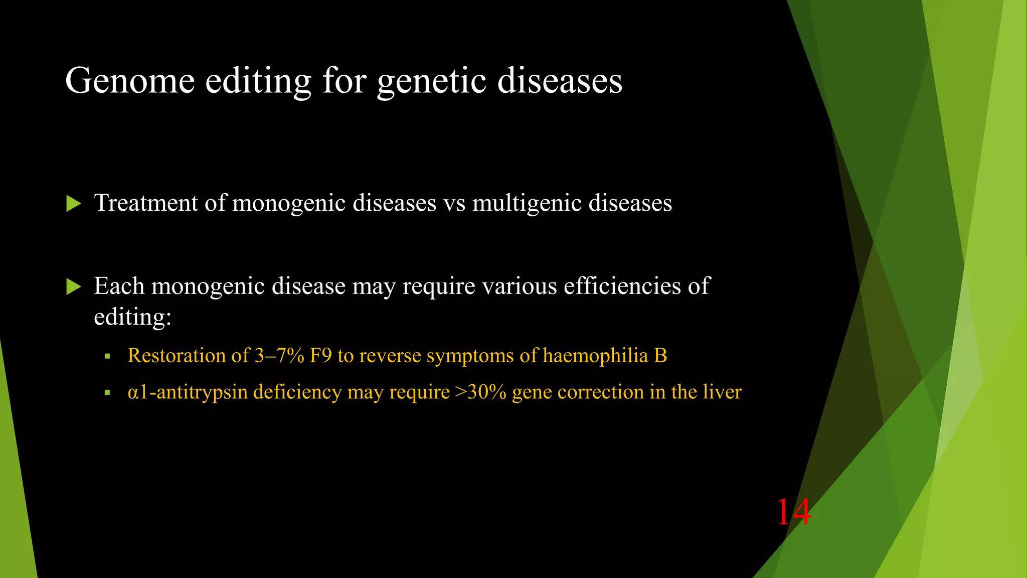 Genome editing for genetic diseases
 Treatment of monogenic diseases vs multigenic diseases
 Each monogenic disease may require various efficiencies of
editing:
 Restoration of 3–7% F9 to reverse symptoms of haemophilia B
 α1-antitrypsin deficiency may require >30% gene correction in the liver
14
 