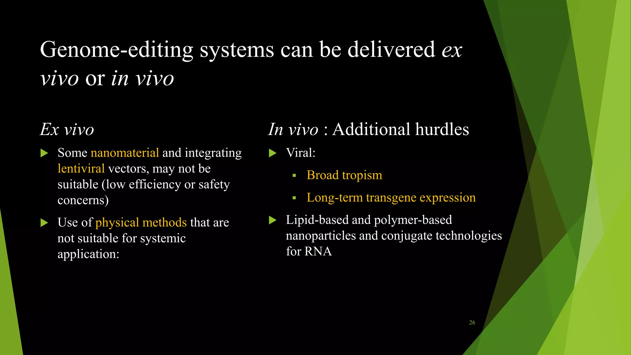 Genome-editing systems can be delivered ex
vivo or in vivo
Ex vivo
 Some nanomaterial and integrating
lentiviral vectors, may not be
suitable (low efficiency or safety
concerns)
 Use of physical methods that are
not suitable for systemic
application:
In vivo : Additional hurdles
 Viral:
 Broad tropism
 Long-term transgene expression
 Lipid-based and polymer-based
nanoparticles and conjugate technologies
for RNA
26
 