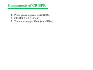 Components of CRISPR
1. Proto spacer adjacent motif (PAM)
2. CRISPR RNA (crRNA)
3. Trans activating crRNA (tracr RNA )
 