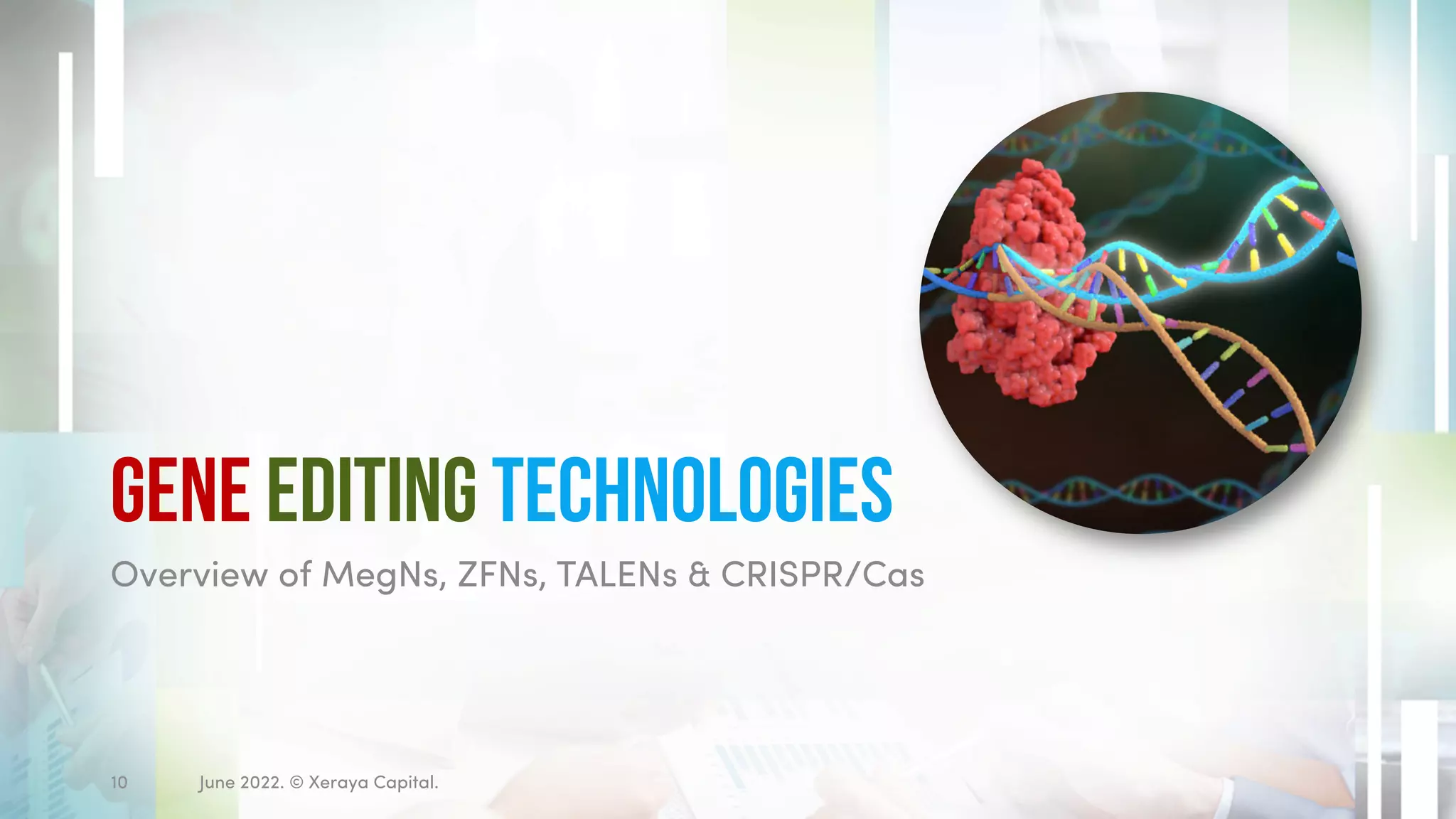 Gene Editing Technologies
Overview of MegNs, ZFNs, TALENs & CRISPR/Cas
June 2022. © Xeraya Capital.
10