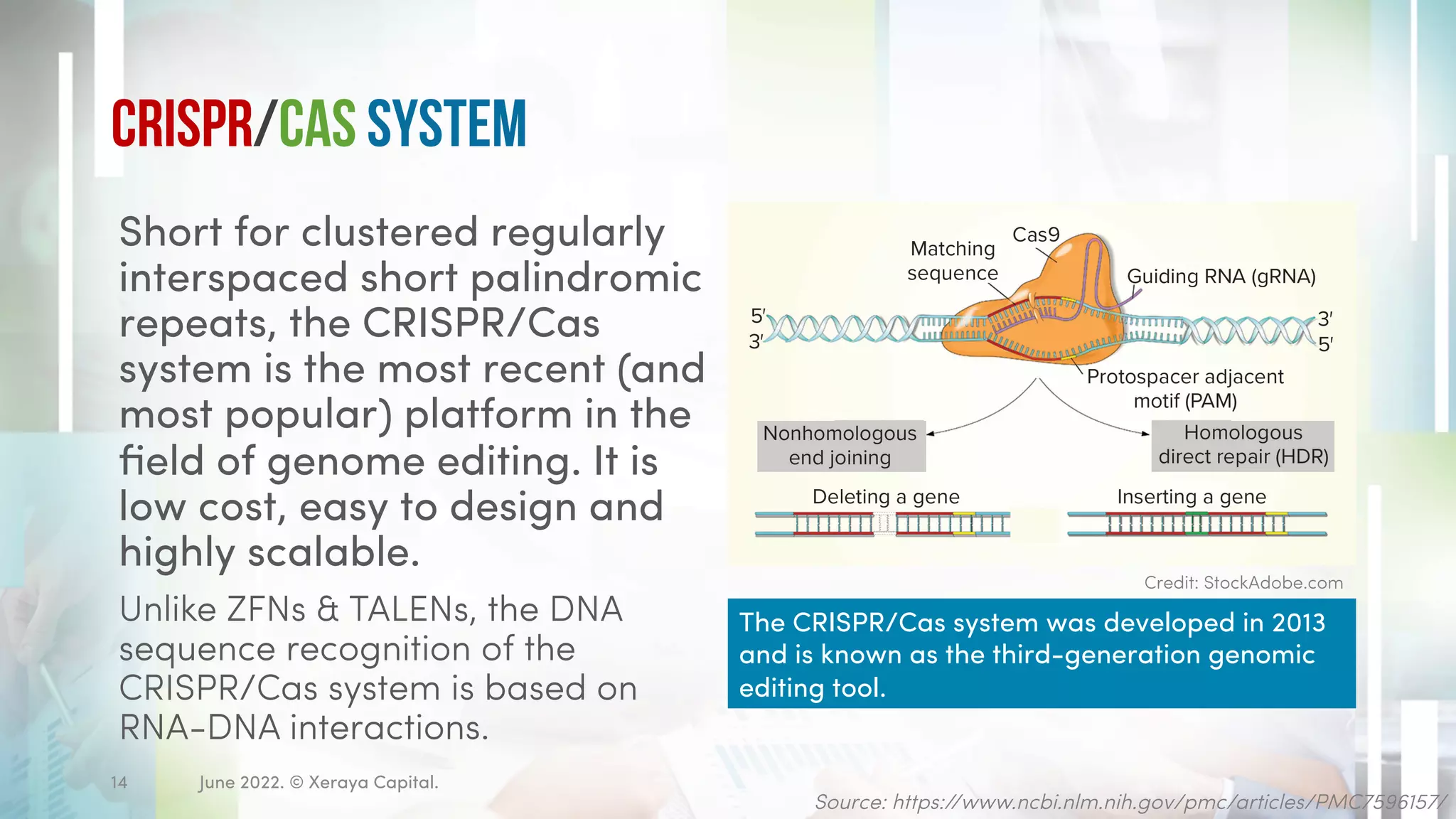 CRISPR/Cas system
Short for clustered regularly
interspaced short palindromic
repeats, the CRISPR/Cas
system is the most recent (and
most popular) platform in the
field of genome editing. It is
low cost, easy to design and
highly scalable.
Unlike ZFNs & TALENs, the DNA
sequence recognition of the
CRISPR/Cas system is based on
RNA-DNA interactions.
Source: https://www.ncbi.nlm.nih.gov/pmc/articles/PMC7596157/
Credit: StockAdobe.com
June 2022. © Xeraya Capital.
14
The CRISPR/Cas system was developed in 2013
and is known as the third-generation genomic
editing tool.