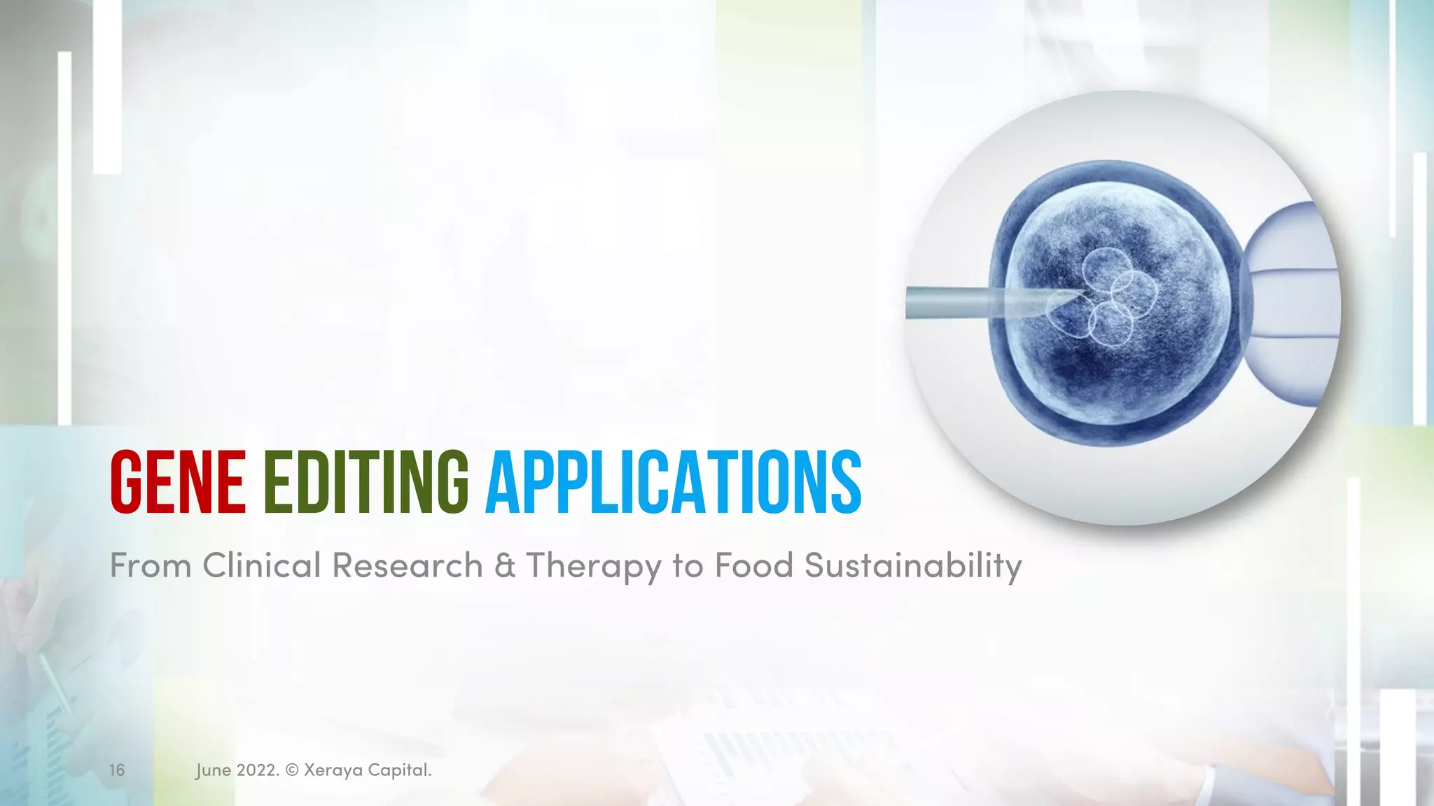 Gene Editing Applications
From Clinical Research & Therapy to Food Sustainability
June 2022. © Xeraya Capital.
16