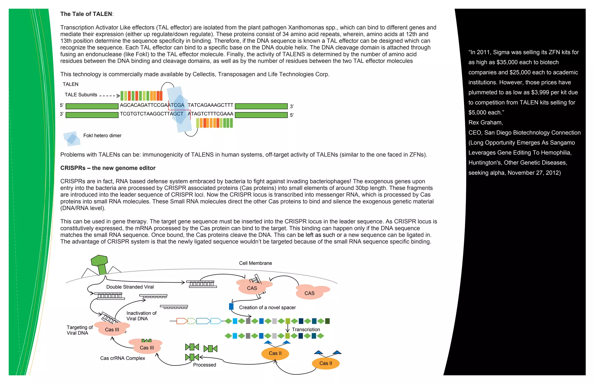The Tale of TALEN:
Transcription Activator Like effectors (TAL effector) are isolated from the plant pathogen Xanthomonas spp., which can bind to different genes and
mediate their expression (either up regulate/down regulate). These proteins consist of 34 amino acid repeats, wherein, amino acids at 12th and
13th position determine the sequence specificity in binding. Therefore, if the DNA sequence is known a TAL effector can be designed which can
recognize the sequence. Each TAL effector can bind to a specific base on the DNA double helix. The DNA cleavage domain is attached through
fusing an endonuclease (like FokI) to the TAL effector molecule. Finally, the activity of TALENS is determined by the number of amino acid
residues between the DNA binding and cleavage domains, as well as by the number of residues between the two TAL effector molecules
This technology is commercially made available by Cellectis, Transposagen and Life Technologies Corp.
Problems with TALENs can be: immunogenicity of TALENS in human systems, off-target activity of TALENs (similar to the one faced in ZFNs).
CRISPRs – the new genome editor
CRISPRs are in fact, RNA based defense system embraced by bacteria to fight against invading bacteriophages! The exogenous genes upon
entry into the bacteria are processed by CRISPR associated proteins (Cas proteins) into small elements of around 30bp length. These fragments
are introduced into the leader sequence of CRISPR loci. Now the CRISPR locus is transcribed into messenger RNA, which is processed by Cas
proteins into small RNA molecules. These Small RNA molecules direct the other Cas proteins to bind and silence the exogenous genetic material
(DNA/RNA level).
This can be used in gene therapy. The target gene sequence must be inserted into the CRISPR locus in the leader sequence. As CRISPR locus is
constitutively expressed, the mRNA processed by the Cas protein can bind to the target. This binding can happen only if the DNA sequence
matches the small RNA sequence. Once bound, the Cas proteins cleave the DNA. This can be left as such or a new sequence can be ligated in.
The advantage of CRISPR system is that the newly ligated sequence wouldn’t be targeted because of the small RNA sequence specific binding.
AGCACAGATTCCGAATCGA TATCAGAAAGCTTT
TCGTGTCTAAGGCTTAGCT ATAGTCTTTCGAAA
3’
5’
5’
3’
TALEN
TALE Subunits
FokI hetero dimer
Cas III
Cas III
Cas II
Cas II
CAS
CAS
Double Stranded Viral
DNA
Inactivation of
Viral DNA
Targeting of
Viral DNA
Cas crRNA Complex
Processed
crRNA
Transcription
Creation of a novel spacer
Cell Membrane
“In 2011, Sigma was selling its ZFN kits for
as high as $35,000 each to biotech
companies and $25,000 each to academic
institutions. However, those prices have
plummeted to as low as $3,999 per kit due
to competition from TALEN kits selling for
$5,000 each.”
Rex Graham,
CEO, San Diego Biotechnology Connection
(Long Opportunity Emerges As Sangamo
Leverages Gene Editing To Hemophilia,
Huntington's, Other Genetic Diseases,
seeking alpha, November 27, 2012)
 