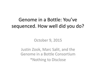 Genome in a Bottle: You’ve
sequenced. How well did you do?
October 9, 2015
Justin Zook, Marc Salit, and the
Genome in a Bottle Consortium
*Nothing to Disclose
 