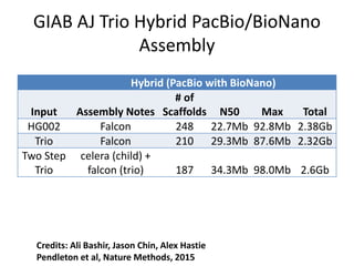 GIAB AJ Trio Hybrid PacBio/BioNano
Assembly
Hybrid (PacBio with BioNano)
Input Assembly Notes
# of
Scaffolds N50 Max Total
HG002 Falcon 248 22.7Mb 92.8Mb 2.38Gb
Trio Falcon 210 29.3Mb 87.6Mb 2.32Gb
Two Step
Trio
celera (child) +
falcon (trio) 187 34.3Mb 98.0Mb 2.6Gb
Credits: Ali Bashir, Jason Chin, Alex Hastie
Pendleton et al, Nature Methods, 2015
 