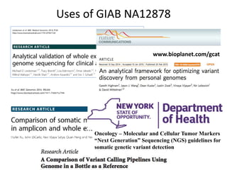Uses of GIAB NA12878
Oncology – Molecular and Cellular Tumor Markers
“Next Generation” Sequencing (NGS) guidelines for
somatic genetic variant detection
www.bioplanet.com/gcat
 