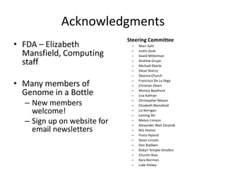 Acknowledgments
• FDA – Elizabeth
Mansfield, Computing
staff
• Many members of
Genome in a Bottle
– New members
welcome!
–...
