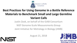 Best Practices for Using Genome in a Bottle Reference
Materials to Benchmark Small and Large Germline
Variant Calls
Justin Zook, on behalf of the GIAB Consortium
NIST Genome-Scale Measurements Group
Joint Initiative for Metrology in Biology (JIMB)
August 21, 2018
 