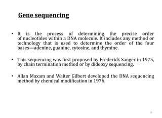 Gene sequencing
19
• It is the process of determining the precise order
of nucleotides within a DNA molecule. It includes any method or
technology that is used to determine the order of the four
bases—adenine, guanine, cytosine, and thymine.
• This sequencing was first proposed by Frederick Sanger in 1975,
by chain termination method or by dideoxy sequencing.
• Allan Maxam and Walter Gilbert developed the DNA sequencing
method by chemical modification in 1976.
 