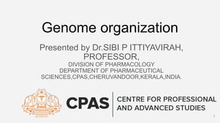 Genome organization
Presented by Dr.SIBI P ITTIYAVIRAH,
PROFESSOR,
DIVISION OF PHARMACOLOGY
DEPARTMENT OF PHARMACEUTICAL
SCIENCES,CPAS,CHERUVANDOOR,KERALA,INDIA.
1
 