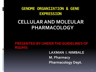 GENOME ORGANIZATION & GENE
EXPRESSION
CELLULAR AND MOLEULAR
PHARMACOLOGY
PRESENTED BY UNDERTHE GUIDELINES OF
RGUHS:
LAXMAN I. NIMBALE
M. Pharmacy
Pharmacology Dept.
1
 