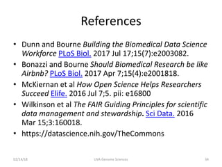References
• Dunn and Bourne Building the Biomedical Data Science
Workforce PLoS Biol. 2017 Jul 17;15(7):e2003082.
• Bonazzi and Bourne Should Biomedical Research be like
Airbnb? PLoS Biol. 2017 Apr 7;15(4):e2001818.
• McKiernan et al How Open Science Helps Researchers
Succeed Elife. 2016 Jul 7;5. pii: e16800
• Wilkinson et al The FAIR Guiding Principles for scientific
data management and stewardship. Sci Data. 2016
Mar 15;3:160018.
• https://datascience.nih.gov/TheCommons
02/14/18 UVA Genome Sciences 34
 