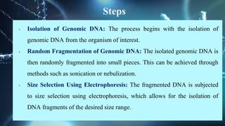 Steps
• Isolation of Genomic DNA: The process begins with the isolation of
genomic DNA from the organism of interest.
• Random Fragmentation of Genomic DNA: The isolated genomic DNA is
then randomly fragmented into small pieces. This can be achieved through
methods such as sonication or nebulization.
• Size Selection Using Electrophoresis: The fragmented DNA is subjected
to size selection using electrophoresis, which allows for the isolation of
DNA fragments of the desired size range.
 