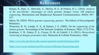 References
• Ranjan, R., Rani, A., Metwally, A., McGee, H. S., & Perkins, D. L. (2016). Analysis
of the microbiome: Advantages of whole genome shotgun versus 16S amplicon
sequencing. Biochemical and Biophysical Research Communications, 469(4), 967–
977.
• Marra, M. (2024). Whole genome sequencing, genetics. The Editors of Encyclopaedia
Britannica.
• Waterston, R. H., Lander, E. S., & Sulston, J. E. (2002). On the sequencing of the
human genome. Proceedings of the National Academy of Sciences, 99(6), 3712-3716.
• Koskinen, V. R., Emery, P. A., Creasy, D. M., & Cottrell, J. S. (2011). Hierarchical
clustering of shotgun proteomics data. Molecular & Cellular Proteomics, 10(6).
• https://www.bio.davidson.edu/courses/genomics/method/shotgun.html
• https://www.news-medical.net/life-sciences/Shotgun-Sequencing.aspx
 