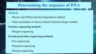 Determining the sequence of DNA
Methods
• Maxam and Gilbert chemical degradation method
• Chain termination or deoxy method Frederick Sanger method
Genome sequencing method:
• Shotgun sequencing
Second generation sequencing methods:
• Pyro sequencing
• Nanopore sequencing
• Illumina sequencing
 