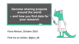 Genome sharing projects
around the world
– and how you find data for
your research
Fiona Nielsen, October 2015
Find me on twitter: @glyn_dk
 