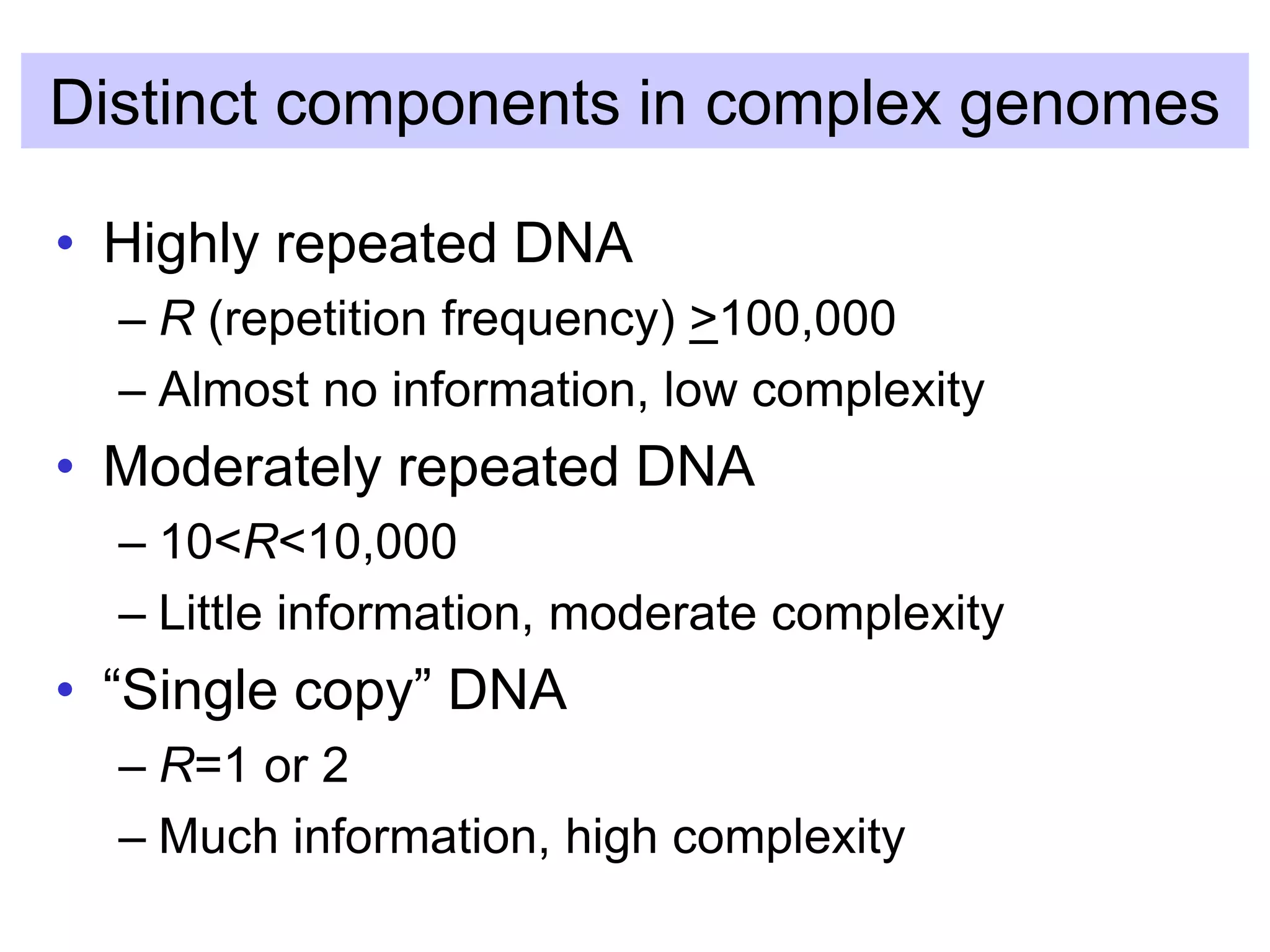 Distinct components in complex genomes
• Highly repeated DNA
– R (repetition frequency) >100,000
– Almost no information, low complexity
• Moderately repeated DNA
– 10<R<10,000
– Little information, moderate complexity
• “Single copy” DNA
– R=1 or 2
– Much information, high complexity
 