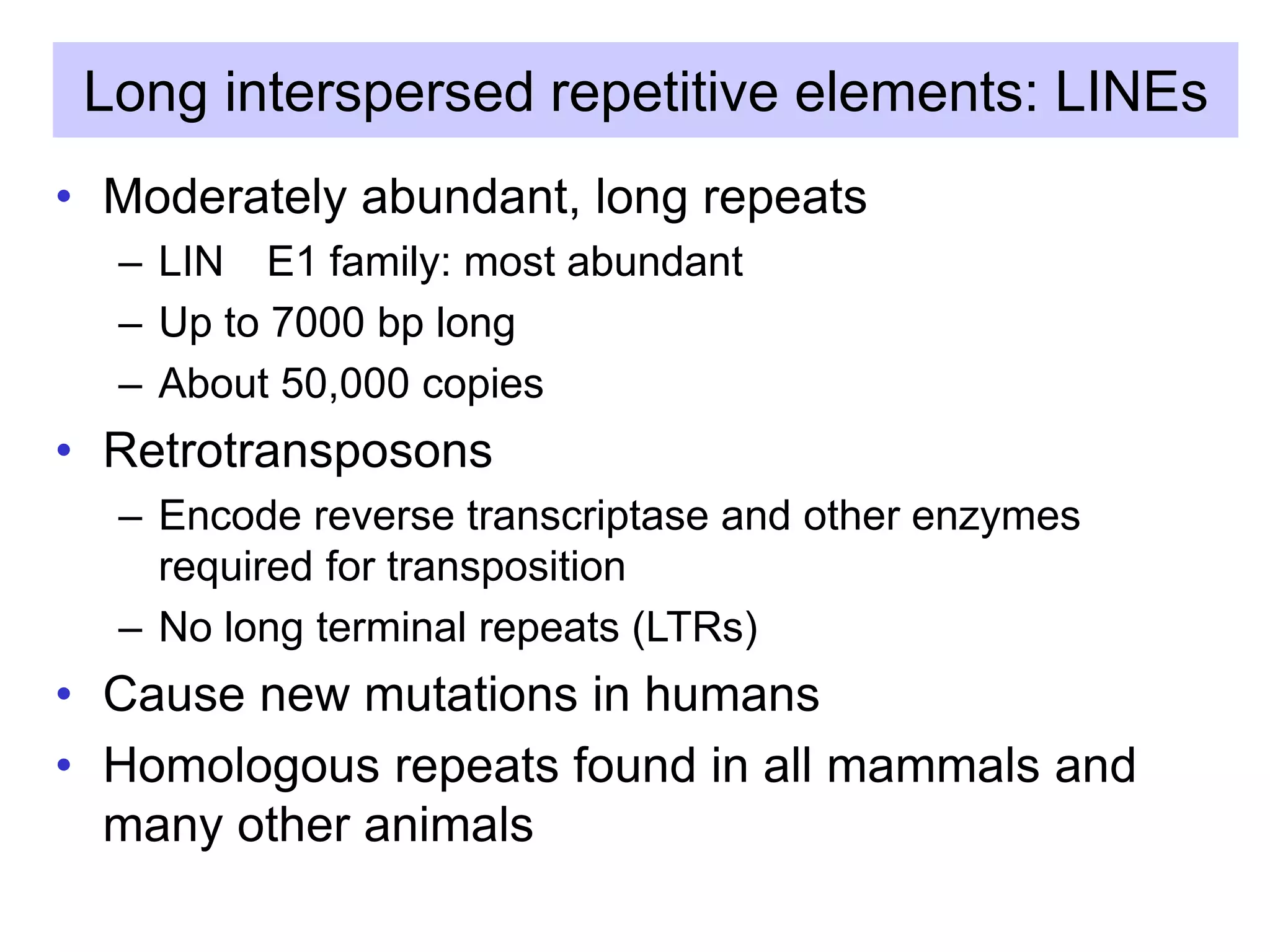 Long interspersed repetitive elements: LINEs
• Moderately abundant, long repeats
– LIN E1 family: most abundant
– Up to 7000 bp long
– About 50,000 copies
• Retrotransposons
– Encode reverse transcriptase and other enzymes
required for transposition
– No long terminal repeats (LTRs)
• Cause new mutations in humans
• Homologous repeats found in all mammals and
many other animals
 