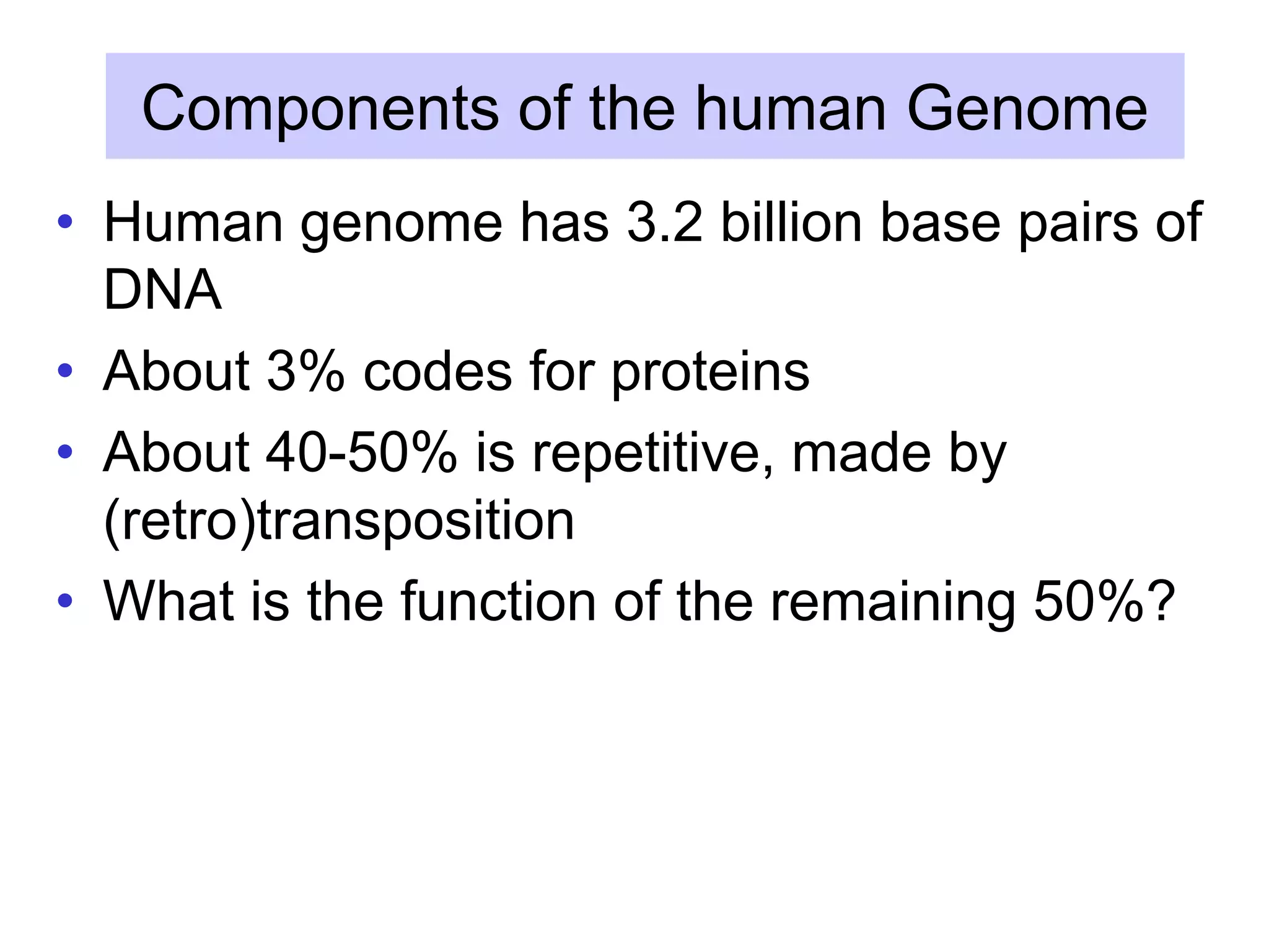 Components of the human Genome
• Human genome has 3.2 billion base pairs of
DNA
• About 3% codes for proteins
• About 40-50% is repetitive, made by
(retro)transposition
• What is the function of the remaining 50%?
 