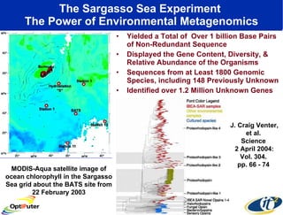 The Sargasso Sea Experiment  The Power of Environmental Metagenomics Yielded a Total of  Over 1 billion Base Pairs of Non-Redundant Sequence Displayed the Gene Content, Diversity, & Relative Abundance of the Organisms  Sequences from at Least 1800 Genomic Species, including 148 Previously Unknown Identified over 1.2 Million Unknown Genes MODIS-Aqua satellite image of ocean chlorophyll in the Sargasso Sea grid about the BATS site from 22 February 2003 J. Craig Venter, et al.  Science  2 April 2004: Vol. 304.  pp. 66 - 74  