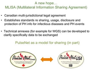 A new hope…
MLISA (Multilateral Information Sharing Agreement)
•  Canadian multi-jurisdictional legal agreement
•  Establishes standards re sharing, usage, disclosure and
protection of PH info for infectious diseases and PH events
•  Technical annexes (for example for WGS) can be developed to
clarify specifically data to be exchanged
PulseNet as a model for sharing (in part)
 