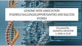 1
GENOME WIDE ASSOCIATION
STUDIES:CHALLENGES,OPPORTUNITIES AND SUCCESS
STORIES
Presented By:
AKSHITAAWASTHI
L-2020-A-52-D
 