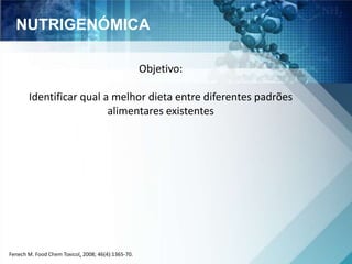 NUTRIGENÓMICA 
Objetivo: 
Identificar qual a melhor dieta entre diferentes padrões 
alimentares existentes 
Fenech M. Food Chem Toxicol, 2008; 46(4):1365-70. 
 