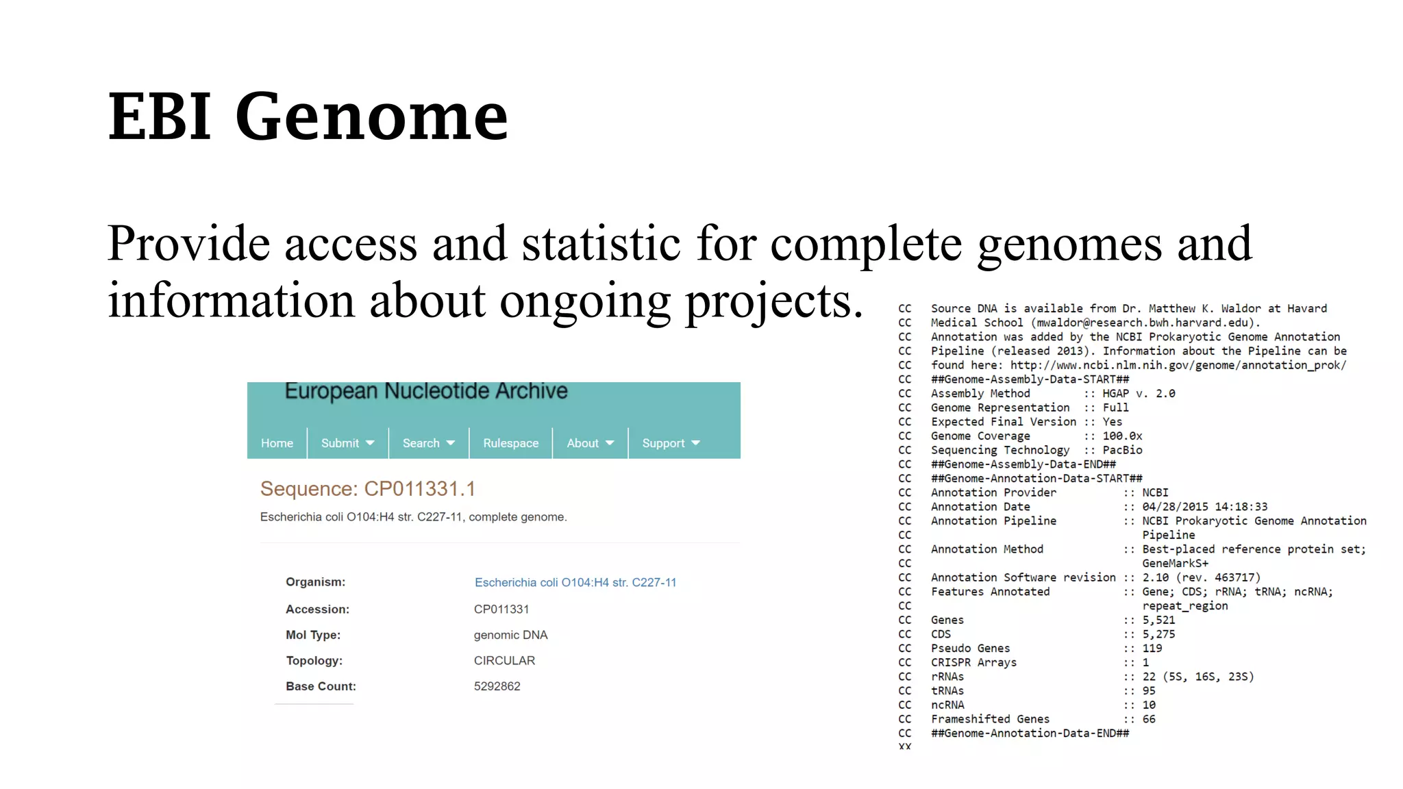 EBI Genome
Provide access and statistic for complete genomes and
information about ongoing projects.
 
