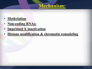 Mechanism:
• Methylation
• Non-coding RNAs:
• Imprinted X inactivation
• Histone modification & chromatin remodeling
 