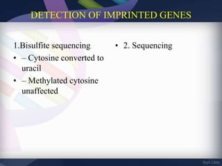 DETECTION OF IMPRINTED GENES
1.Bisulfite sequencing
• – Cytosine converted to
uracil
• – Methylated cytosine
unaffected
• 2. Sequencing
 