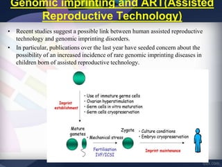 Genomic imprinting and ART(Assisted
Reproductive Technology)
• Recent studies suggest a possible link between human assisted reproductive
technology and genomic imprinting disorders.
• In particular, publications over the last year have seeded concern about the
possibility of an increased incidence of rare genomic imprinting diseases in
children born of assisted reproductive technology.
 