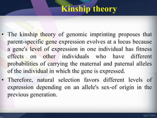 Kinship theory
• The kinship theory of genomic imprinting proposes that
parent-specific gene expression evolves at a locus because
a gene's level of expression in one individual has fitness
effects on other individuals who have different
probabilities of carrying the maternal and paternal alleles
of the individual in which the gene is expressed.
• Therefore, natural selection favors different levels of
expression depending on an allele's sex-of origin in the
previous generation.
 