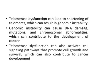 • Telomerase dysfunction can lead to shortening of
telomeres, which can result in genomic instability
• Genomic instability can cause DNA damage,
mutations, and chromosomal abnormalities,
which can contribute to the development of
cancer
• Telomerase dysfunction can also activate cell
signaling pathways that promote cell growth and
survival, which can also contribute to cancer
development
 
