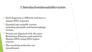 



3.Introductionintosuitablevectors
Each fragment is different and have a
unique DNA sequence
Inserted into suitable vectors
including plasmids and bacteriophage
vectors.
Vectors are digested with the same
Restriction Enzymes and sealed to
Human DNA using DNA Ligase
enzyme .
The resulting molecules are
recombinant.
 