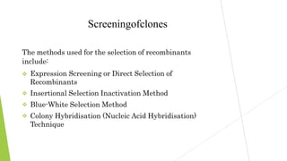 Screeningofclones
The methods used for the selection of recombinants
include:




Expression Screening or Direct Selection of
Recombinants
Insertional Selection Inactivation Method
Blue-White Selection Method
Colony Hybridisation (Nucleic Acid Hybridisation)
Technique
 