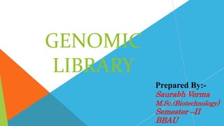 GENOMIC
LIBRARY
Prepared By:-
Saurabh Verma
M.Sc.(Biotechnology)
Semester –II
BBAU
 