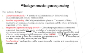 Wholegenomeshotgunsequencing
This includes 4 stages:
1.
2.
3.
4.
Library construction :- A library of plasmid clones are constructed by
transforming E.coli strains with plasmid.
Random sequencing :- DNA is purified from plasmid. Thousands of DNA
fragments are sequenced using automated sequencer and the whole genome is
sequenced several times.
Fragment alignment and gap closure :- Computer programmes assemble the
sequenced fragments into longer stretches of sequence by comparing the
overlapping sequence This ‘overlap comparison method’ resulted in a set
of larger contiguous nucleotide sequence called contigs Contigs aligned
in a proper order to form the completed genome sequence If there is gap
between contigs, they are analysed and filled.
Proof reading :- Ambiguities in the sequence can be resolved and mutations can
be corrected.
 