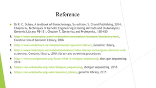 






Reference
Dr R. C. Dubey, A textbook of Biotechnology, 5th edition, S. Chand Publishing, 2014,
Chapter 6, Techniques of Genetic Engineering (Cloning Methods and DNAAnalysis)
Genomic Library, 98-131, Chapter 7, Genomics and Proteomics, 158-180
http://www.sumanasinc.com/webcontent/animations/content/dnalibrary.html,
Construction of Genomic Library, 2006
http://www.slideshare.net/MariamNaseer/genomic-library, Genomic library,
http://www.slideshare.net/abdullahabobakr7/dna-library-lecturegene-libraries-and-
screening, Genomic library, cDNA library and screening procedures
http://www.yourgenome.org/facts/what-is-shotgun-sequencing, shot gun sequencing,
2014
https://en.wikipedia.org/wiki/Shotgun_sequencing, shotgun sequencing, 2015
https://en.wikipedia.org/wiki/Genomic_library, genomic library, 2015
 