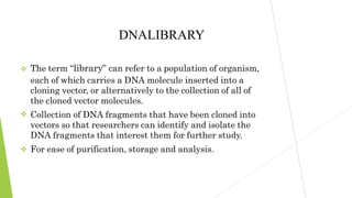 


DNALIBRARY
The term “library” can refer to a population of organism,
each of which carries a DNA molecule inserted into a
cloning vector, or alternatively to the collection of all of
the cloned vector molecules.
Collection of DNA fragments that have been cloned into
vectors so that researchers can identify and isolate the
DNA fragments that interest them for further study.
For ease of purification, storage and analysis.
 