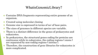 
WhatisGenomicLibrary?
Contains DNA fragments representing entire genome of an
organism.
 Created using molecular cloning
 Genome size is expressed in terms of no: of base pairs.
 The sizes of genomes in different species are variable.
 There is a distinct difference in the genes of prokaryotes and
eukaryotes.
 In prokaryotes, the structural genes coding for proteins are
continuous while in eukaryotes, the coding regions ( exons )
are separated by non-coding regions ( introns ).
 Therefore, the construction of gene libraries for eukaryotes is
more complicated.
 