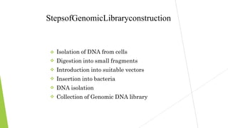StepsofGenomicLibraryconstruction






Isolation of DNA from cells
Digestion into small fragments
Introduction into suitable vectors
Insertion into bacteria
DNA isolation
Collection of Genomic DNA library
 